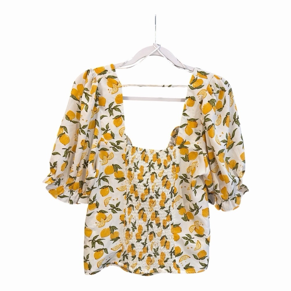 Milk & Honey Lemon Print Peasant Blouse 2X Cottagecore Puff Sleeve Top - Picture 2 of 5